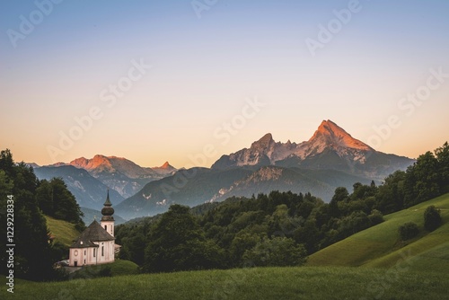 Pilgrim church Maria Gern, sunset view to mountain Watzmann from the valley Hochtal, Berchtesgarden Alps, Berchtesgaden, Berchtesgaden area, Upper Bavaria, Bavaria, Germany, Europe photo