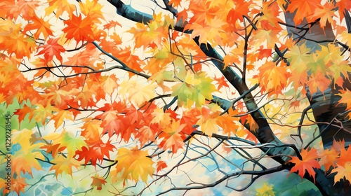Vibrant autumn leaves on a tree branch.