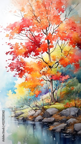 Vibrant autumn tree by the tranquil water.