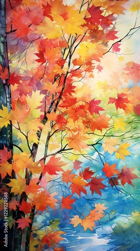 Vibrant autumn leaves reflecting in water.