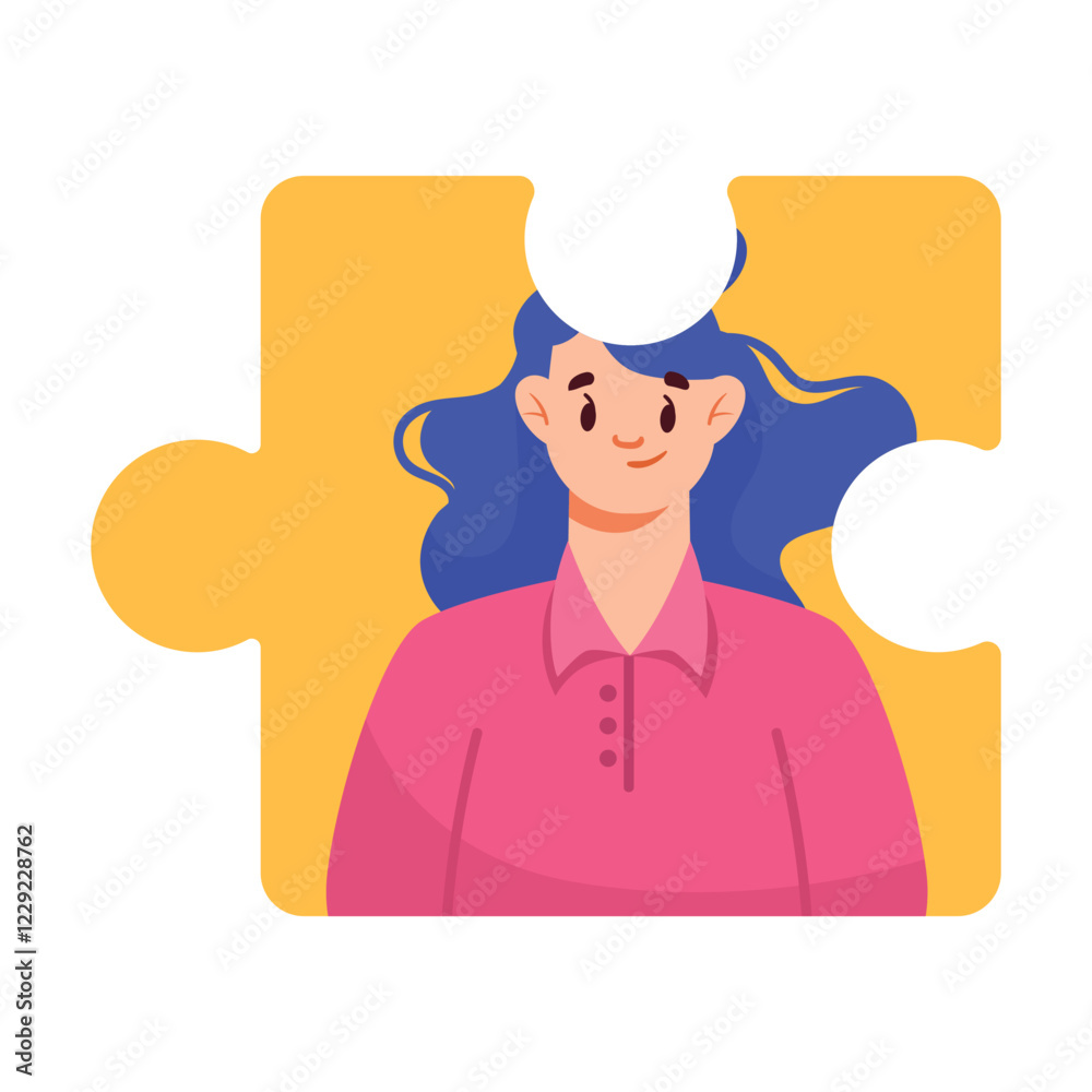 Jigsaw Puzzle with Woman Team Member Character Vector Illustration Jigsaw Puzzle with Woman Team Member Character Vector Illustration