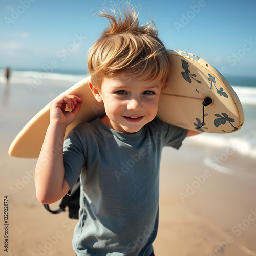 A little boy carrying a boogie board over his head at the beach on summer vacation. photo