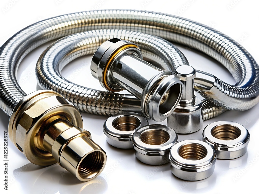 Bathroom Faucet Parts: Spout, Hose, Shower Gaskets, Eccentrics, Close-Up View, Isolated on White Bathroom Faucet Parts: Spout, Hose, Shower Gaskets, Eccentrics, Close-Up View, Isolated on White