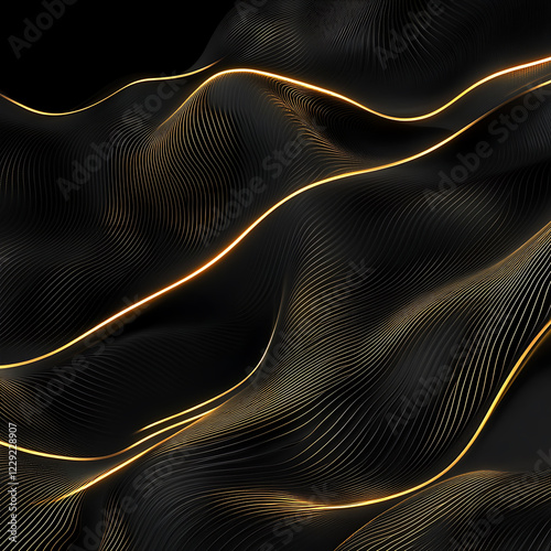 Luxury dark background with golden wave patterns, high contrast, elegant design, ideal for product photography and branding, 8K resolution