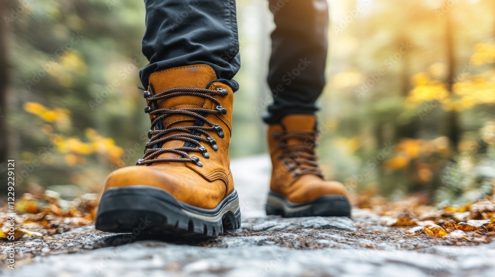 Close-up of hiking boots on forest trail in autumn sunlight Close-up of hiking boots on forest trail in autumn sunlight