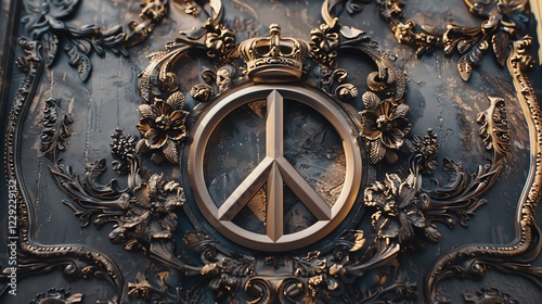 A gold peace sign with a crown and floral designs on a dark, textured background. photo