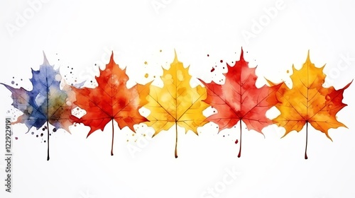 Colorful watercolor leaves in autumn hues.