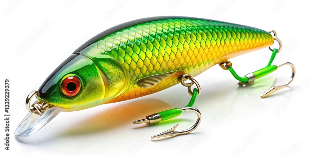 Bright Green Yellow Fishing Wobbler Lures with Triple Hooks - Isolated on White Background Bright Green Yellow Fishing Wobbler Lures with Triple Hooks - Isolated on White Background