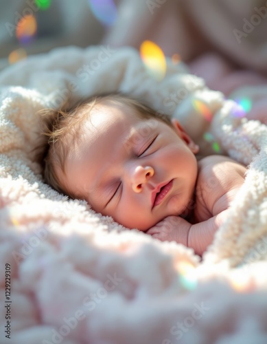Serene newborn slumbering amidst soft blankets with ethereal light