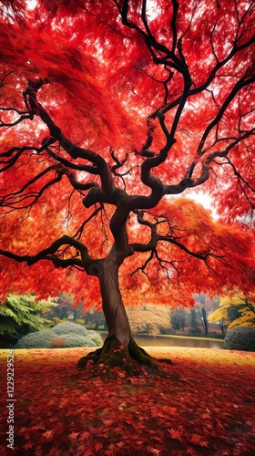 Vibrant red tree in autumn scenery