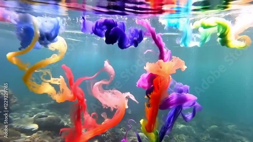 Present an underwater macro scene where rainbow paint threads unravel and twist, creating clouds of vivid color. Include lighting that enhances .