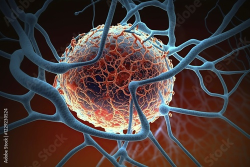 Schematic representation of a highly vascularised tumour cell, cancer disease, AI generated photo