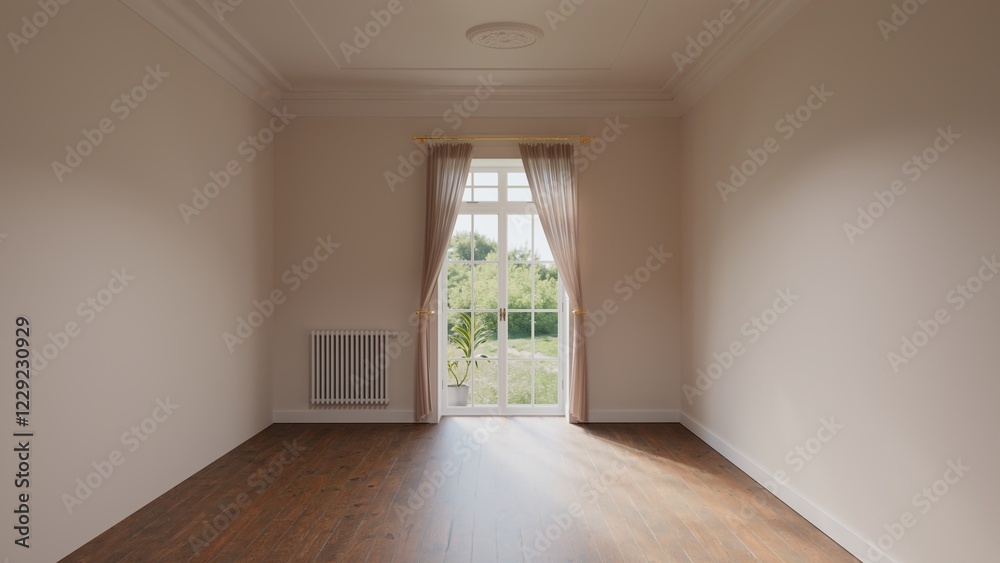 Fototapeta premium Bright empty room featuring elegant french doors and wooden floor. 3d render