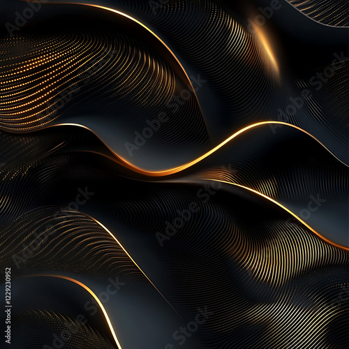 Luxury dark background with golden wave patterns, high contrast, elegant design, ideal for product photography and branding, 8K resolution