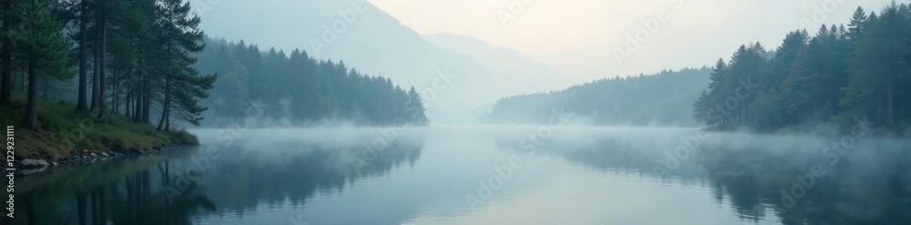 Tall pine trees surrounding calm lake on misty morning, water, misty, morning Tall pine trees surrounding calm lake on misty morning, water, misty, morning