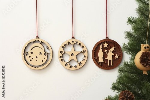 Christmas decorations, wooden decorations, Christmas tree decorations, Christmas decorations, star, fir tree, Christmas tree decorations, AI generated
