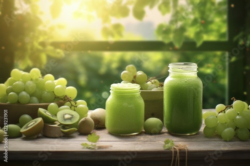 Fresh fruit shake in a glass, smoothie, dessert, dessert, green grape, grape juice, kiwi, wellness drink, green nature at the back, AI generated photo