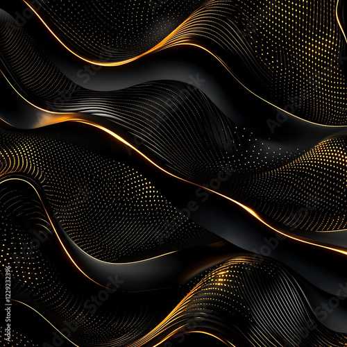 Luxury dark background with golden wave patterns, high contrast, elegant design, ideal for product photography and branding, 8K resolution
