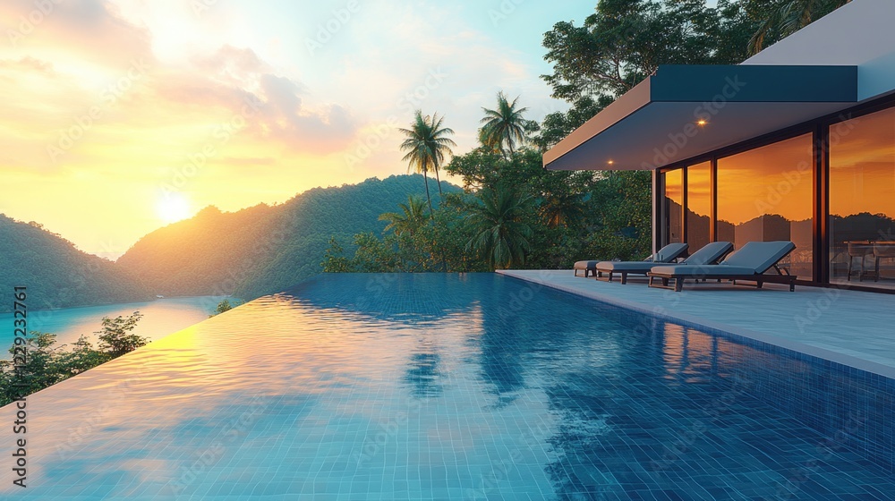 Obraz premium Infinity pool overlooking tropical sunset with ocean view and modern villa