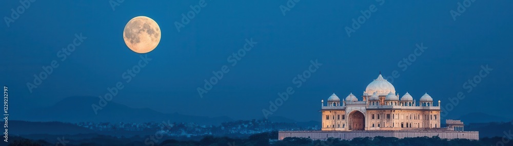 Obraz premium A stunning view of a monument under a full moon at twilight.