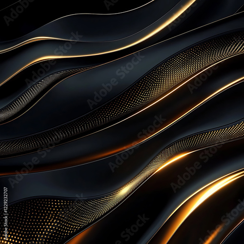 Luxury dark background with golden wave patterns, high contrast, elegant design, ideal for product photography and branding, 8K resolution
