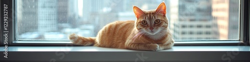 A cat sitting on a windowsill in front of a window, looking out