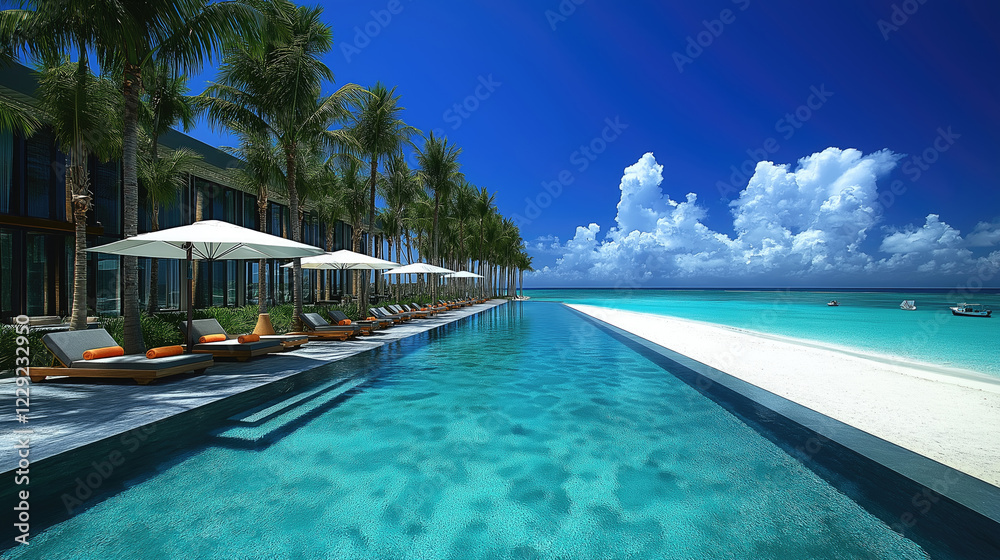 Fototapeta premium Luxurious tropical resort pool overlooking pristine beach under clear blue sky