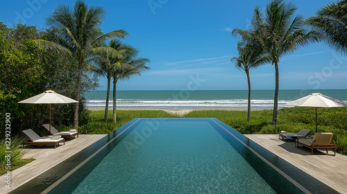 Luxurious infinity pool overlooking tropical beach paradise with palm trees