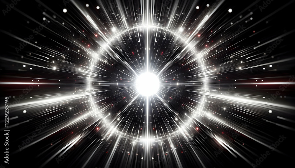 Obraz premium Background Technology A glowing white center with rays radiating outward in all directions, predominantly black and white 2