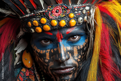 Portrait of a Bolivian Tinku dancer in traditional costume, Bolivia