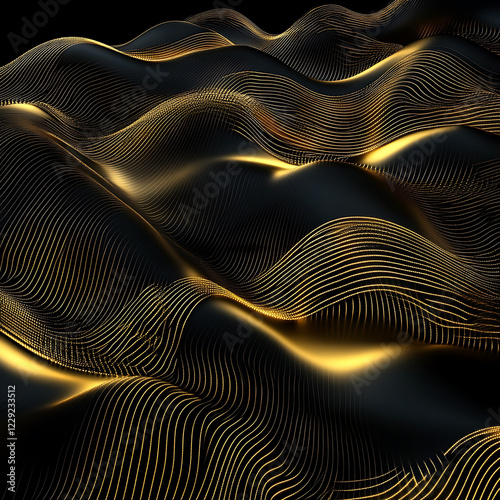 Luxury dark background with golden wave patterns, high contrast, elegant design, ideal for product photography and branding, 8K resolution