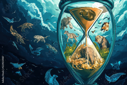 Illustration of an hourglass with animals inside, symbolizing the urgency of extinction photo