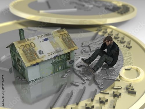 Man sitting on euro coin next to house made of banknotes, head in hands photo