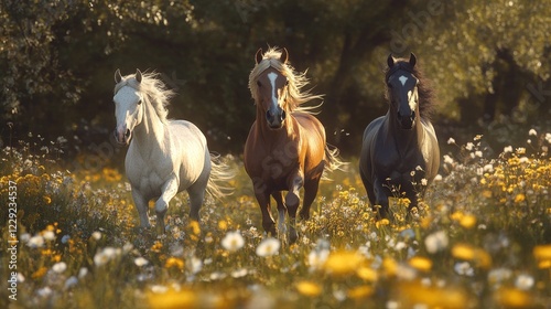 Three horses of different colors run through a field full of flowers