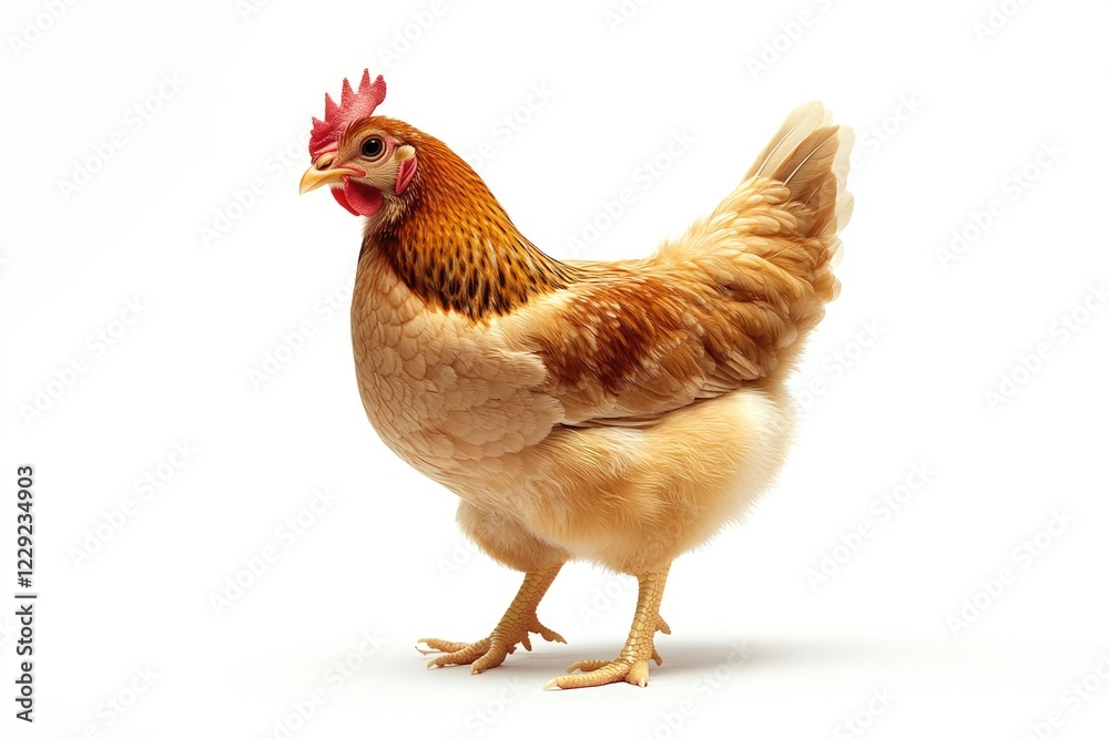 Fototapeta premium A domestic chicken featuring a bright red comb on its head, suitable for rural or farm-themed imagery