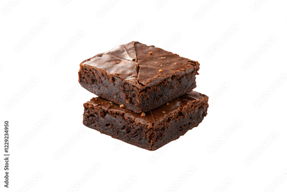 Two gooey chocolate brownies stacked, showcasing a glossy top layer and fudgy interior, sprinkled with golden crumbs, highlighting their indulgent texture, isolated on a transparent background Two gooey chocolate brownies stacked, showcasing a glossy top layer and fudgy interior, sprinkled with golden crumbs, highlighting their indulgent texture, isolated on a transparent background