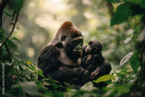 Gorilla family interacting in a lush forest photo