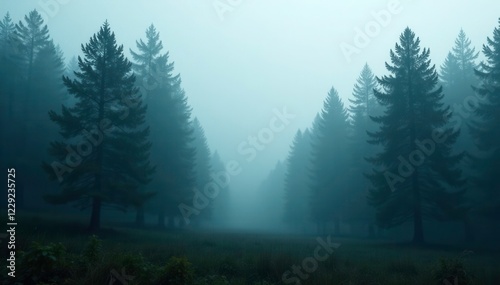 Tall pines shrouded in thick mist eerie silence, mist, secluded, overgrown