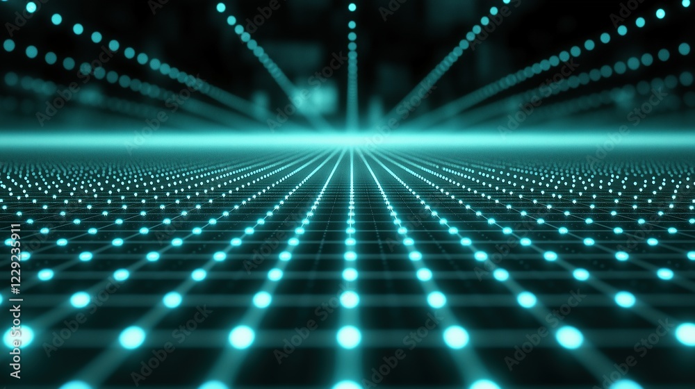 Obraz premium Abstract digital grid with glowing teal points stretching into the distance. Futuristic data visualization and cyberspace concept.