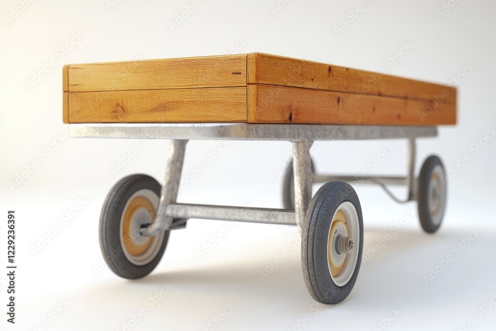 Fototapeta premium A wooden bench on wheels, situated on a white surface