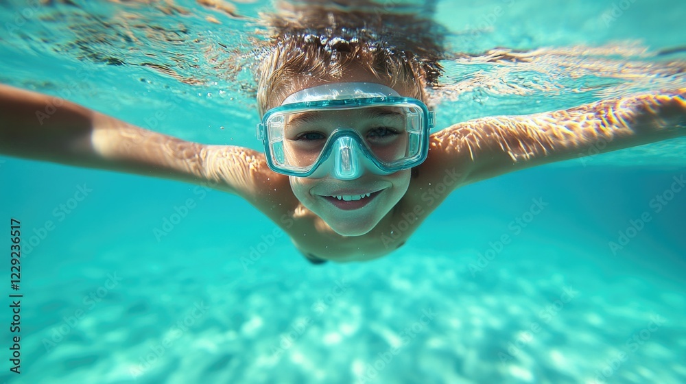 Fototapeta premium Caucasian young boy swimming underwater with goggles in clear blue pool