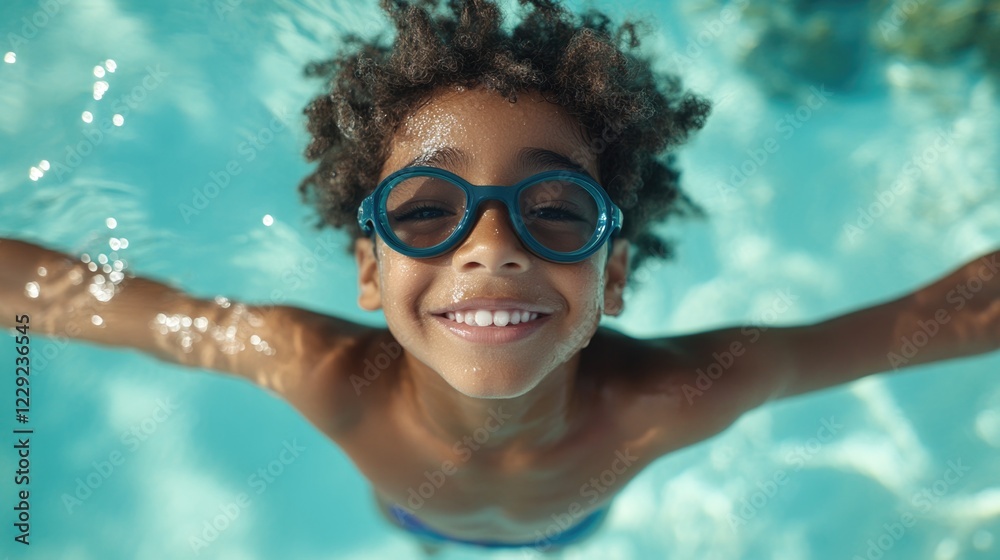 Naklejka premium African child swimming underwater with goggles smiling joyfully