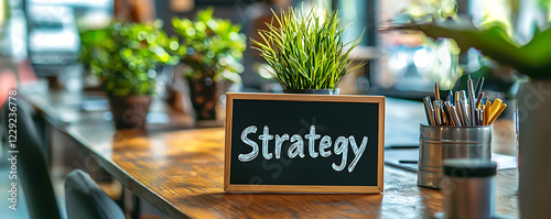  Strategy sign on a desk in modern workspace