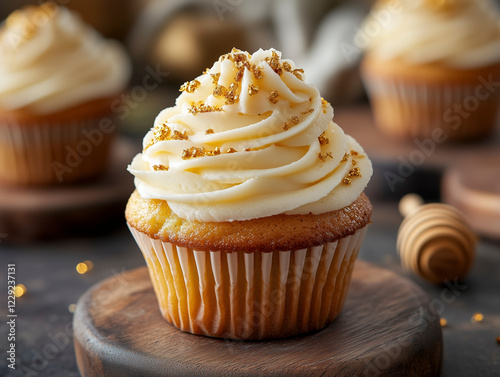 Honey cake cupcakes with honey frosting and gold flakes, styled on wooden boards.