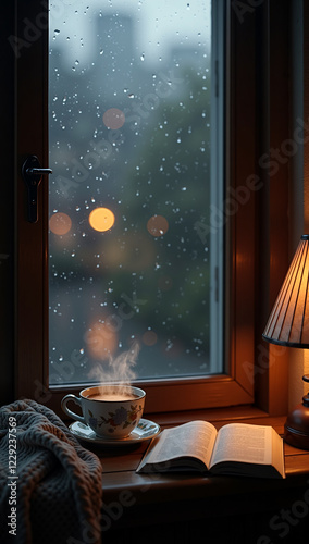 Cozy evening by a rainy window with a steaming cup of tea, an open book, and warm lamplight.