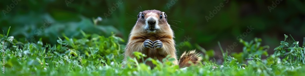 A small rodent standing on its hind legs in a grassy environment A small rodent standing on its hind legs in a grassy environment