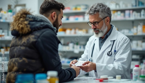 Pharmacist dispensing medicine to a patient inside the pharmacy with shelves background