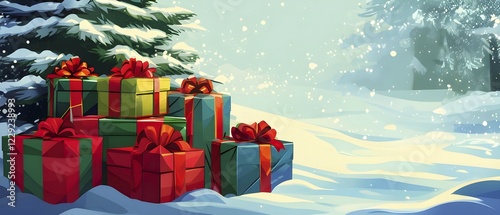 Abstract illustration of wrapped Christmas gifts, shiny ribbons and bows, stacked under a snow-dusted evergreen tree in a snowy outdoor setting, AI generated