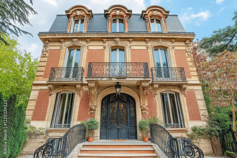 Obraz premium A historic townhouse in the heart of Paris, with wrought-iron balconies and a classic French design