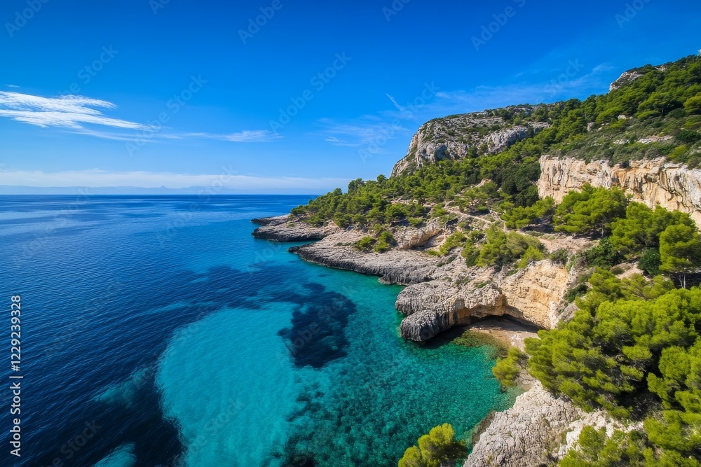 Crystal-clear turquoise waters meet rugged cliffs and lush greenery on a pristine Mediterranean coastal landscape, perfect for travel inspiration. Crystal-clear turquoise waters meet rugged cliffs and lush greenery on a pristine Mediterranean coastal landscape, perfect for travel inspiration.
